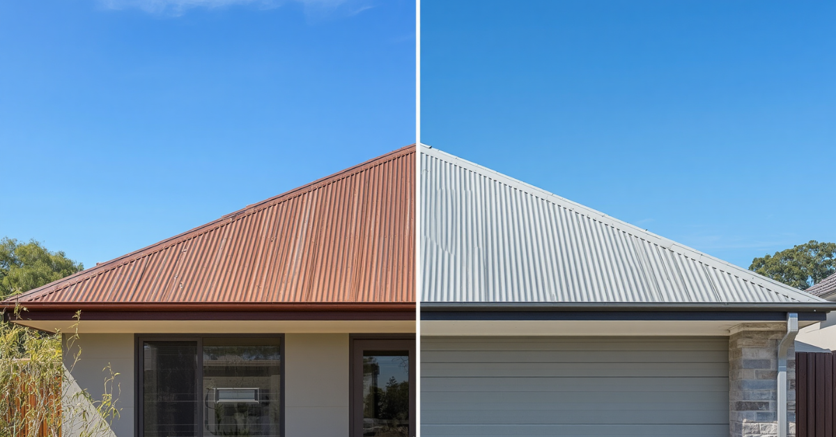 Colorbond roof being primed with metal adhesion primer before topcoat in Sydney